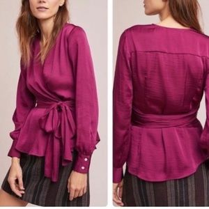 MOULINETTE SOEURS by ANTHROPOLOGIE Maroon Wrap Blouse Size 2 Pre-Loved